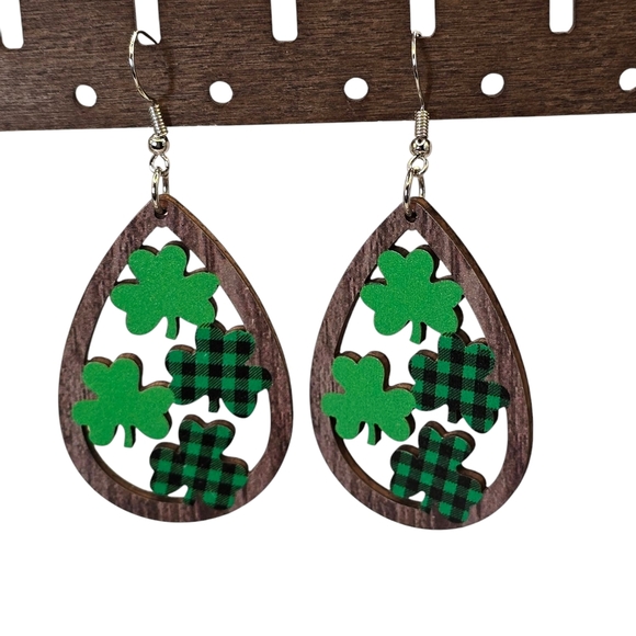 Shamrock Wood Teardrop Earrings St.Patrick's Day - Picture 2 of 4